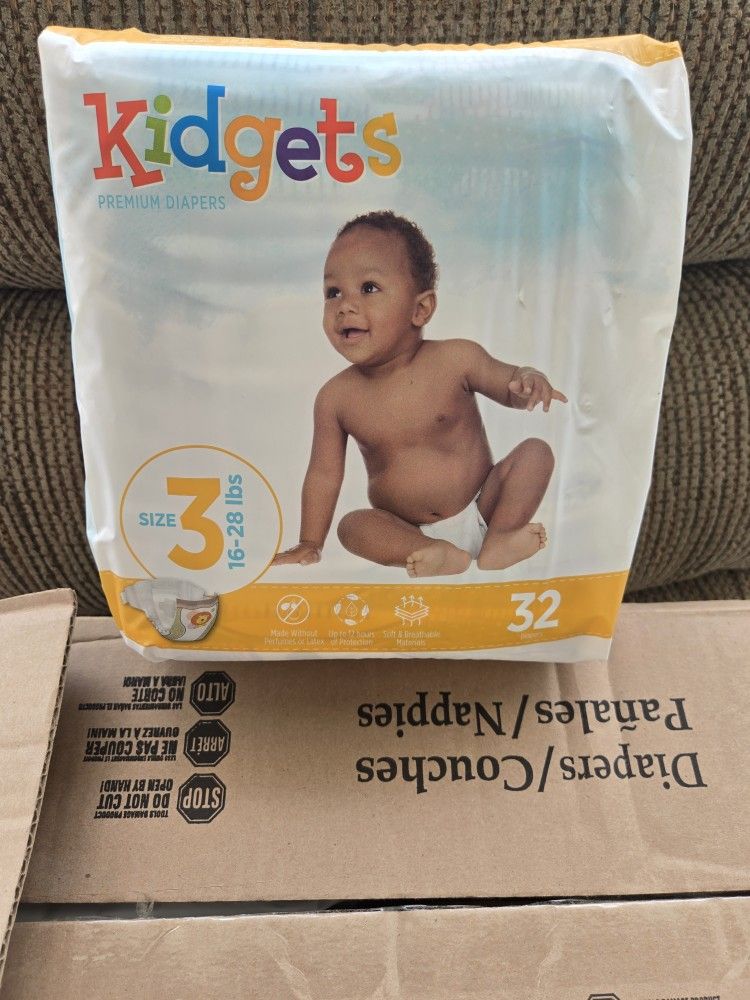 KIDGETS DIAPERS SIZE 3 128 COUNT 4 SEALED PACKS 32 EA