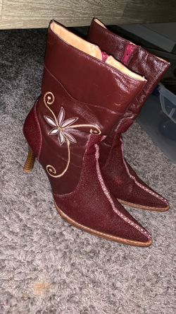 Red Fine Leather Flower Bootie Heels from Mexico Size:6