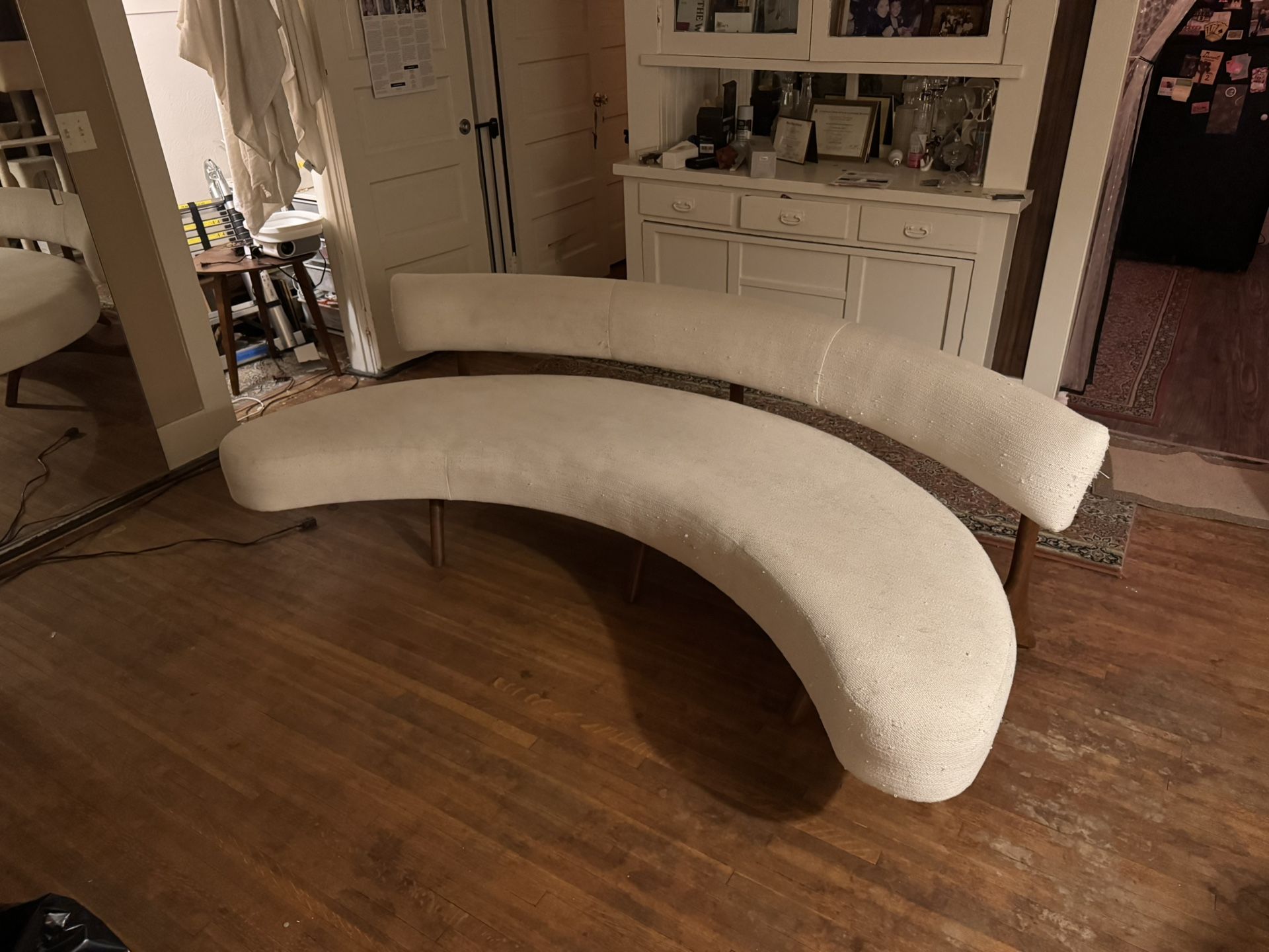 Mid-Century Modern Curved Beige Sofa & Free Ottoman