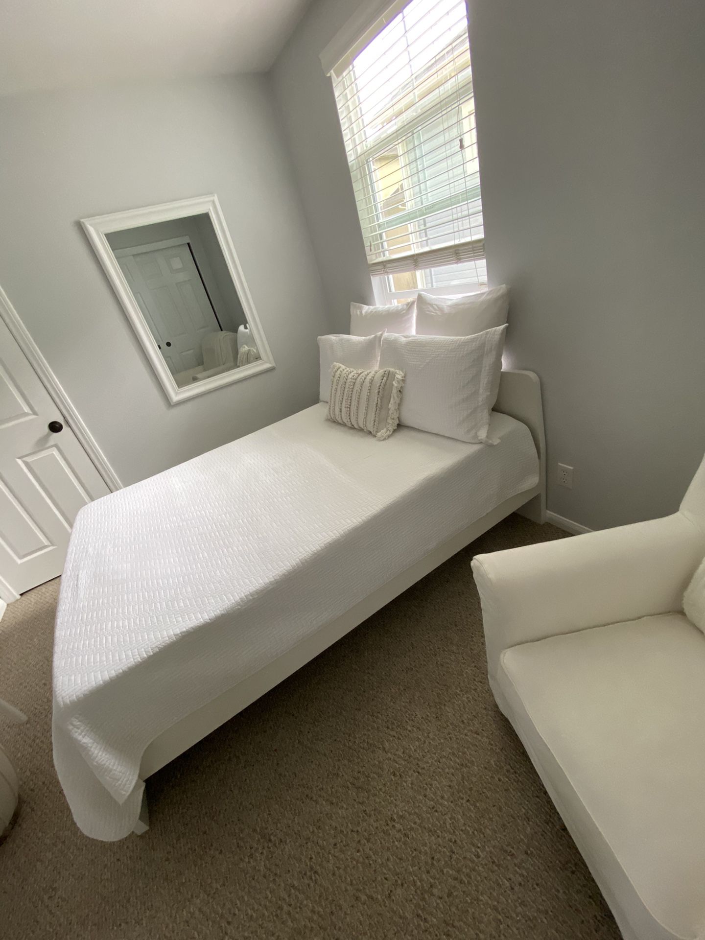 BRIGHT white full bed frame, mattress and memory foam topper