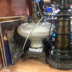 1940 Regency Hand painted Glass And Marble Mid Cent Lamp