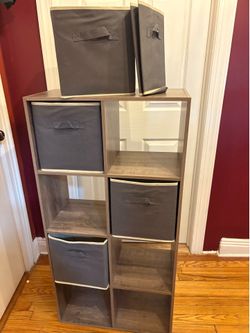 8-Cube Storage Organizer + 5 Gray Fabric Storage Bins.