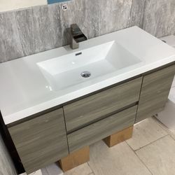 48” Wallmount Vanity Wood Color With White Top Sink Integrated Softclose Drawers Doors  Ready For Pick Up Today