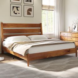 Light Brown Solid Wood Bed Frame with Reclining Slatted Headboard