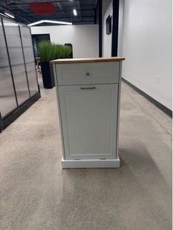 Wood Tilt-Out Trash Cabinet with Butcher Block Top & Drawer | Gray & Natural | 20”x13”x36”