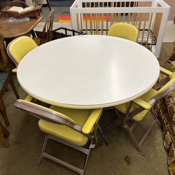 Vintage Circular Table With Folding Chairs