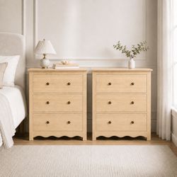 Set of 2 3-Drawer Dresser, 34" Tall Wood Chest of Drawers with Metal Handles for Bedroom and Living Room, Natural Wood