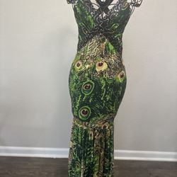 Ever Pretty Green Gold With Peacock Disign Embellished Slit Maxi Dress