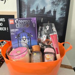 Halloween Gift Basket, Ghost theme, feat collectible building block collection, scented candle