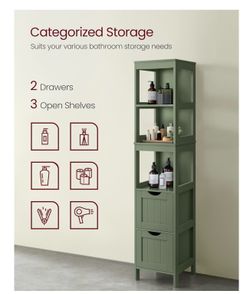 Storage Cabinet, Storage Organizer Rack Stand for Bathroom, Living Room, Multifunctional Corner Unit, 2 Drawers, 55.7 Inches in Height, Forest Green U