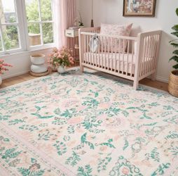 6x9 Pink Floral Rug for Girl's Bedroom. Cute Soft Low Pile