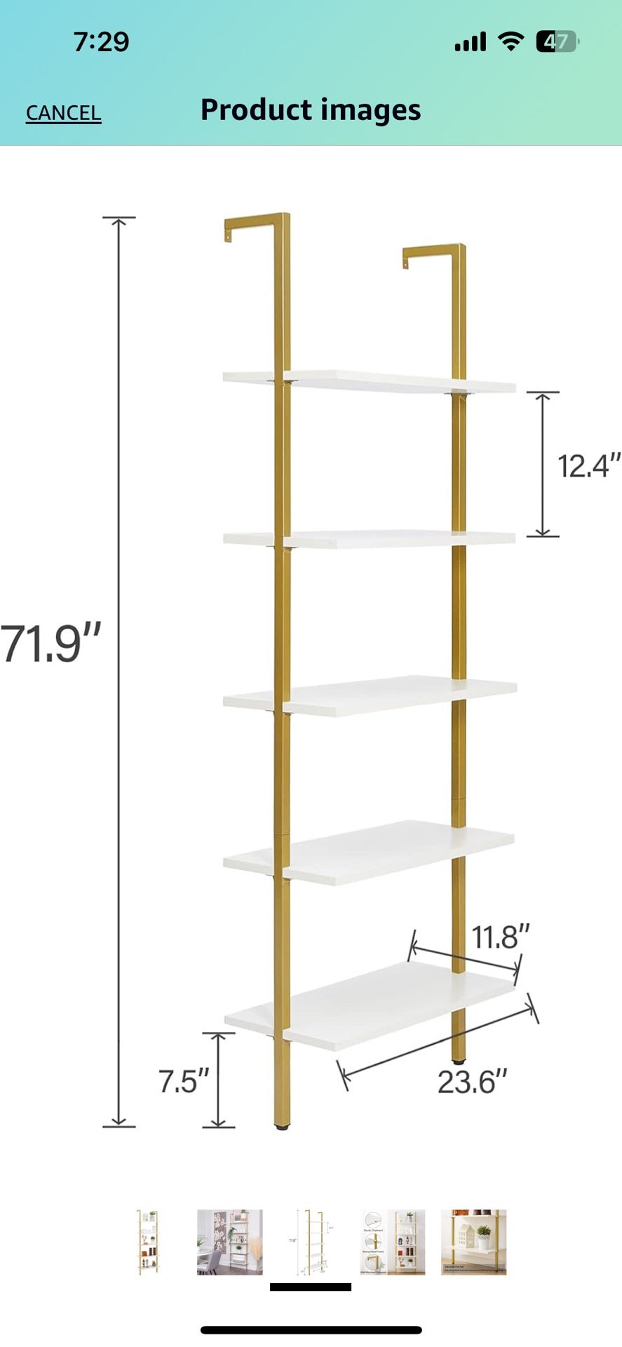 White & Gold 5-Tier Open Wall-Mounted Bookshelf with Stable Metal Frame