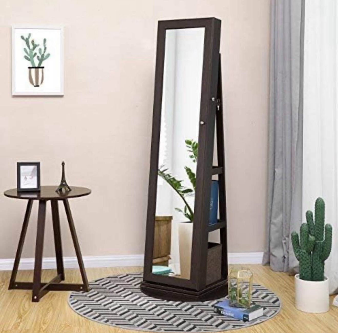 360°Rotatable Jewelry Organizer Cabinet Armoire with Storage Shelf,Lockable, Brown UJJC62BR