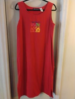 Vintage Sag Harbor Petite Red Linen Blend Graphic Print Sleeveless Midi dress