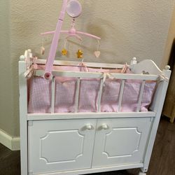 Badger Basket Cabinet Doll Crib with Gingham Bedding