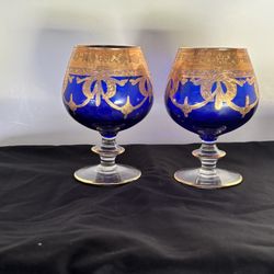 Vintage Arte Italica Brandy Snifters: Cobalt Blue Blown Glass with Gold