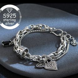 Ladies Vintage Double Chain Charm Bracelet 