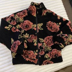 Black Floral Sherpa Cottage Core Zip Jacket