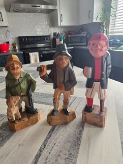 Hand-Carved Wood Folk Art Figurines Set of 3