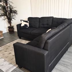 Black L Shape Sofa Living Room Set Couch Good Condition 
