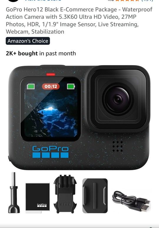 GoPro Hero12 Black E Commerce Package Waterproof Action Camera with 5.3K60 Ultra HD Video 7MM Photos HDR 1/1.9