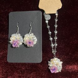 Beautiful Pearl, Purple Rose, And Rhinestone Earrings And Bracelet
