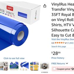 VinylRus Heat Transfer Vinyl-12” x 35FT Royal Blue Iron on Vinyl Roll for Shirts, HTV Vinyl for Silhouette Cameo, Easy to Cut & Weed
