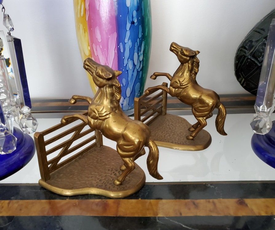 Art Deco Vintage Hammered Brass Bookend Pair Horse Stallion Equestrian