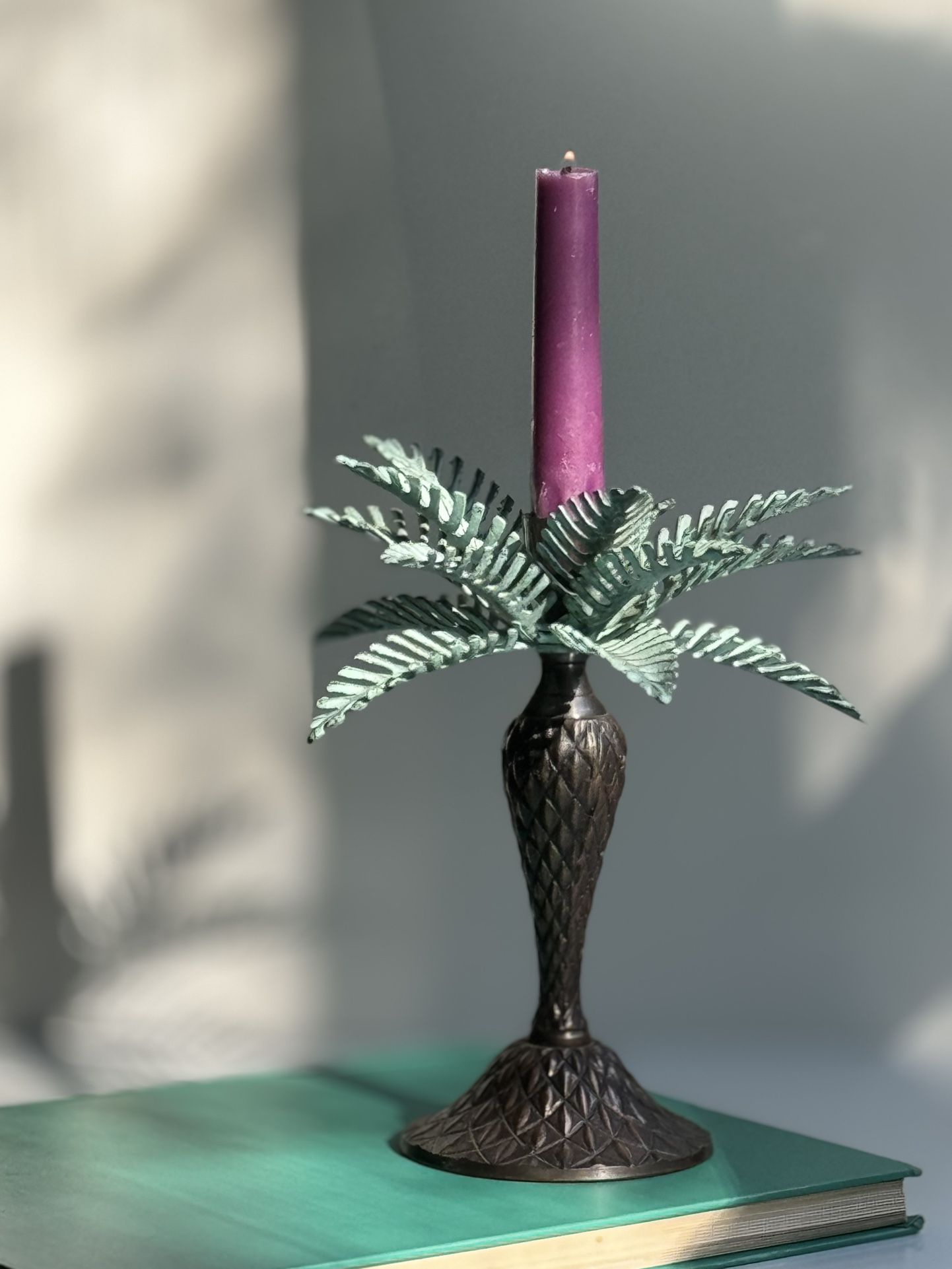 Vintage Heavy Bronze Palm/Coconut Tree Candlestick Holder. Detailed Leaves!