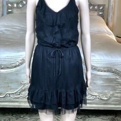 Black Dress With Tulle Overlay, Ruffle Front And Hemline Sz M