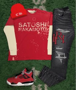Satoshi Nakamoto Red Graphic Tee amiri mx1 jeans and shoes all sizes