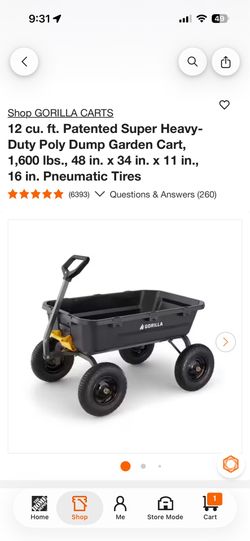 GORILLA 12 cu. ft. Patented Super Heavy-Duty Poly Dump Garden Cart, 1,600 Ibs., 48 in. x 34 in x11