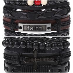 2 x Set Adjust. Size up to 9.5inc Leather Bracelet, (Faith-Cross)