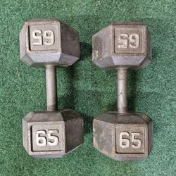 Pair of 65 lb Hex Dumbbells – Solid Cast Iron