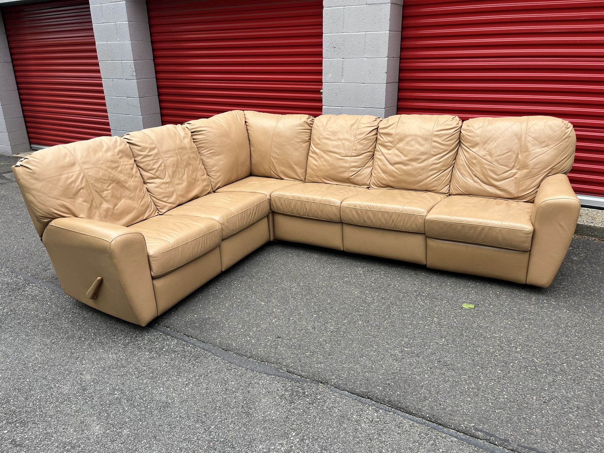 Vintage Beige Leather Recliner Sectional Couch