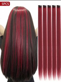5pcs Wine Red Clip-In Hair Extensions, 20 Inches Long Straight, Synthetic Material, Suitable For Halloween Cosplay, Fashion Parties, Christmas, New Ye