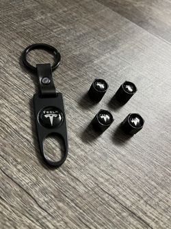 Matte Black Tesla Car Wheel Tire Valve Caps Stem With Keychain