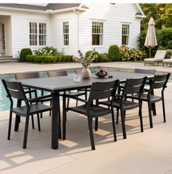9-Piece Aluminum Outdoor Dining Set with Stackable Armchairs 82" Large Rectangular Patio Table Rust Proof Outdoor Furniture with Umbrella Hole for Law