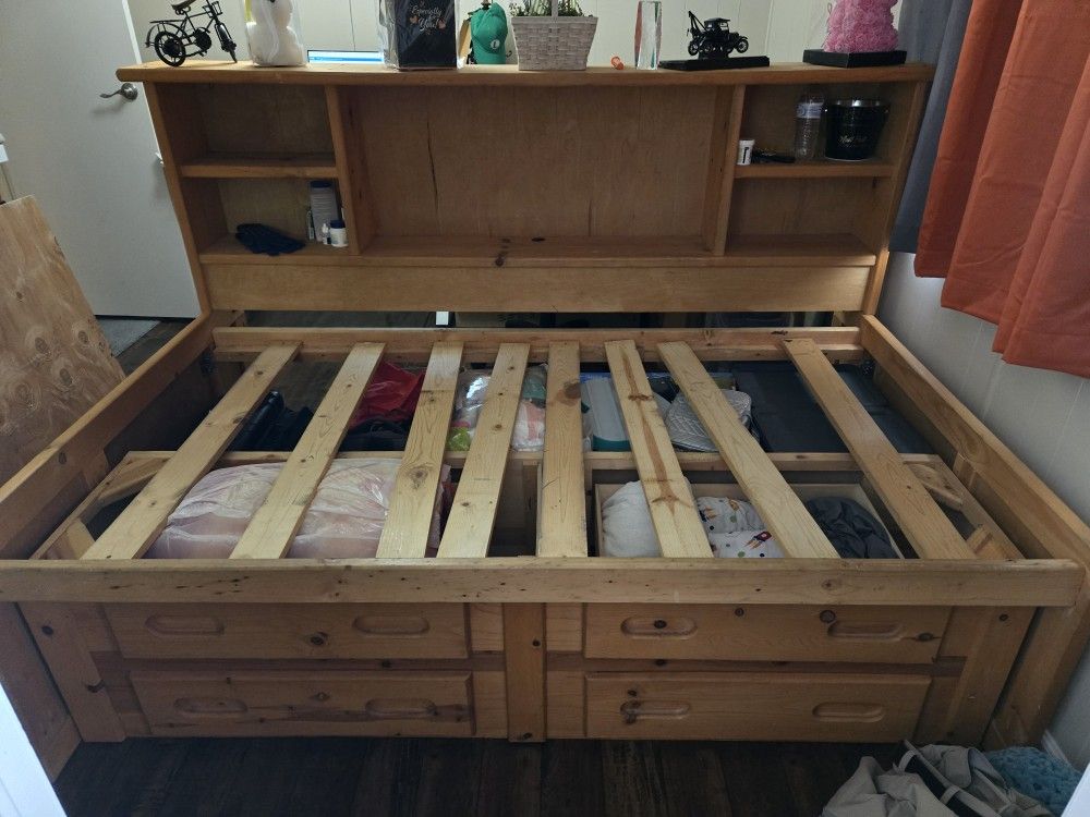 Twin bed with drawers / storage and a bookshelf. Bed only, NO mattress! YES, IT'S AVAILABLE!!!