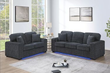 Brand New Grey Super Plush Chenille Sofa & Loveseat w LED Lights