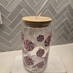 Peppermint Holiday 16oz Glass Tumbler Red and White 
