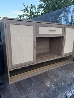 Cane and Wood Bar Cabinet with Wine Rack