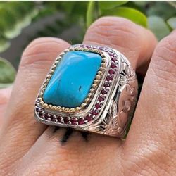 925 Silver Ring with Blue Copper Turquois & Rubies