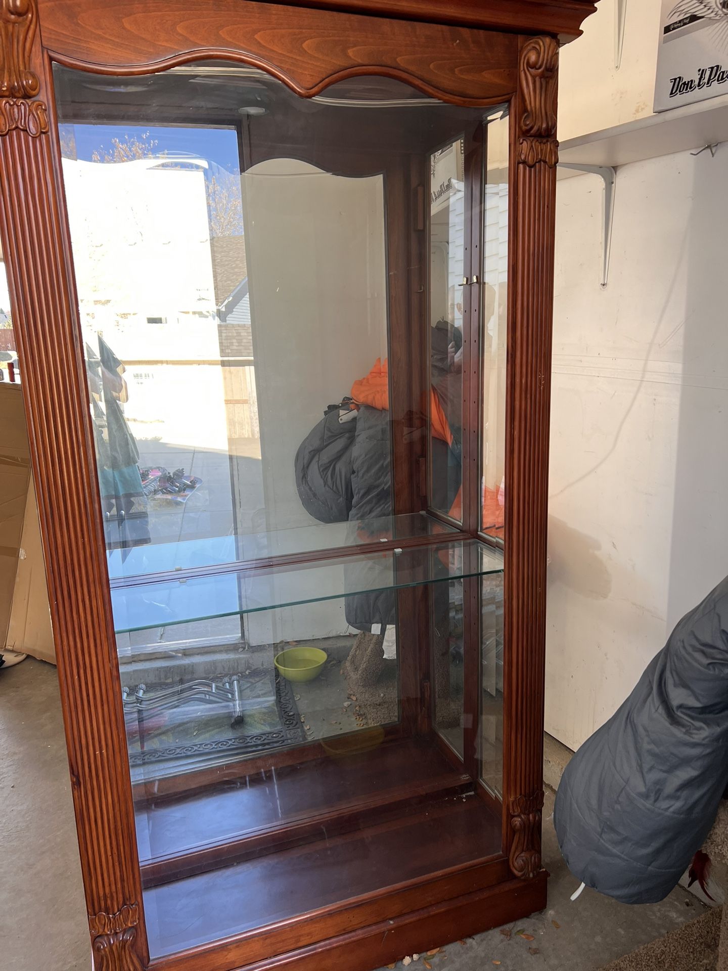 Wooded Sliding Door Cabinet W/ Glass Shelves