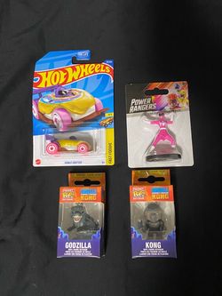Pink power ranger, hot wheel and godzilla King Kong mini funko keychains sets