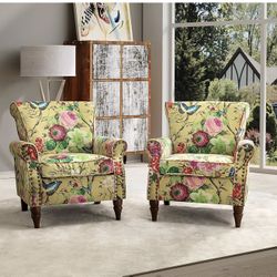 HULALA HOME Modern Wingback Accent Chairs Set of 2 with Wood Legs & Removable Cushion, Comfy Upholstered Armchairs with Nailhead Trim, Floral Pattern 