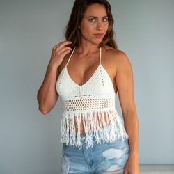 Boho Crochet Top Halter Neck Tassel Hollow Out Backless Vacation Top For Spring & Summer, Women's Clothing