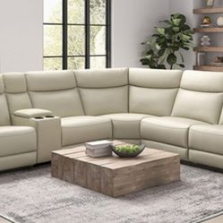 Brand New Beige Top Grain Leather Reclining Sectional Sofa