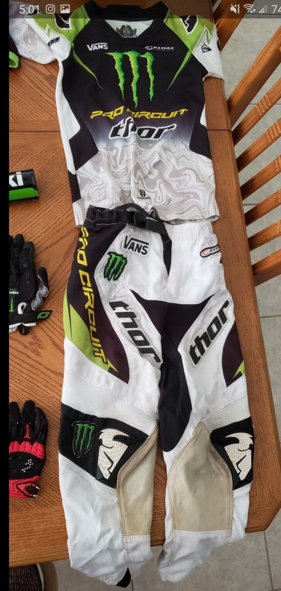 Fox ,Thor monster energy youth dirt bike riding gear (two sets) helmets, pants, shirts, gloves etc