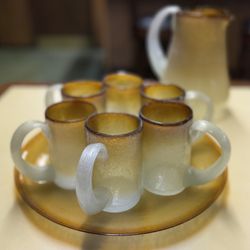 Mexican Glass Pitcher-6 Mugs-Platter Set, Ombré Cream to Brown Rim, MCM 1972